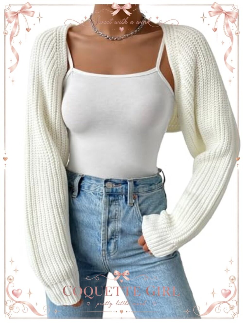 Women's Long Sleeve Open Front Knitted Crop Cardigan Bolero Shrug Sweater